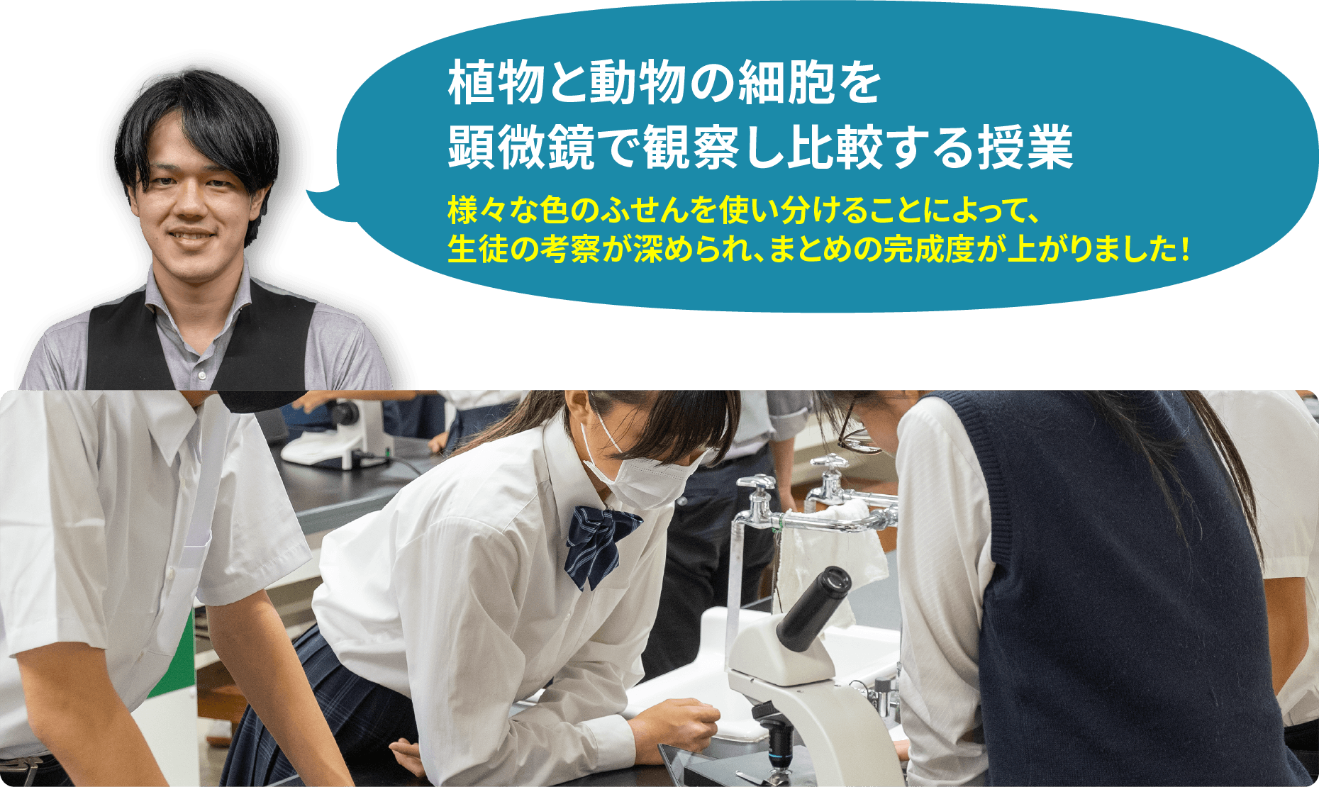 植物と動物の細胞を 顕微鏡で観察し比較する授業 様々な色のふせんを使い分けることによって、 生徒の考察が深められ、まとめの完成度が上がりました!