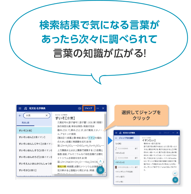 検索結果で気になる言葉があったら次々に調べられて言葉の知識が広がる！