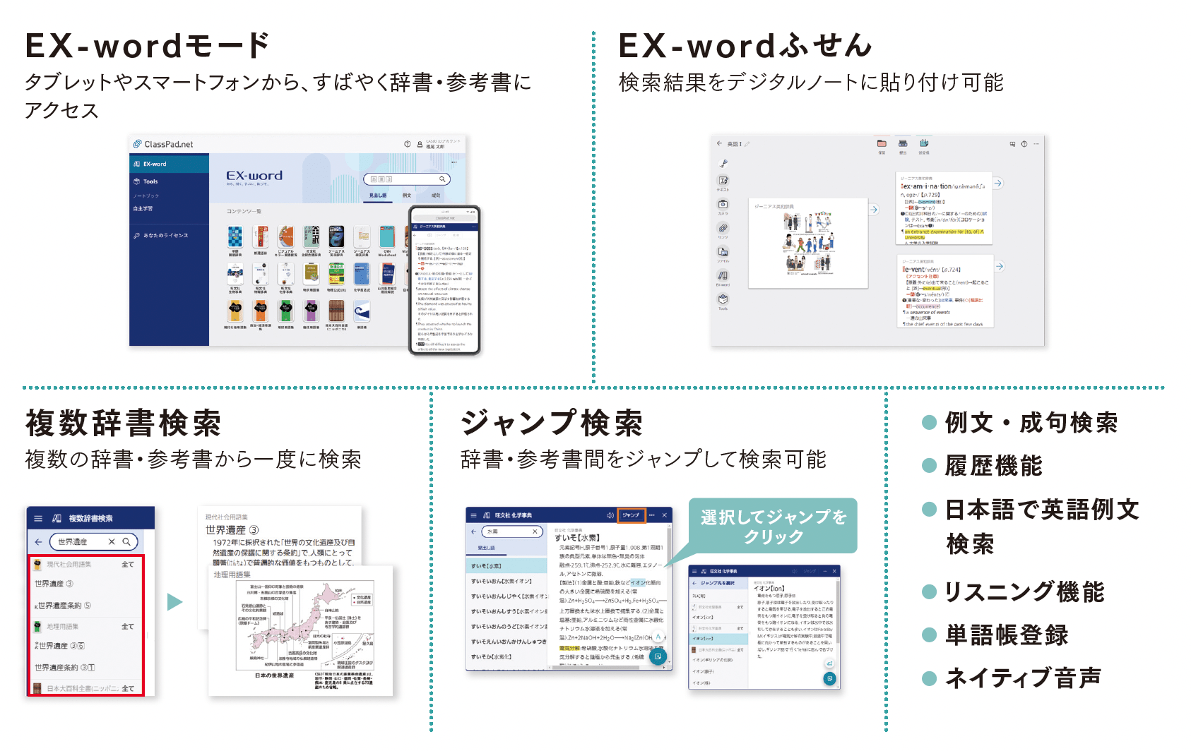 EX-wordモード　EX-wordふせん　複数辞書検索　ジャンプ検索