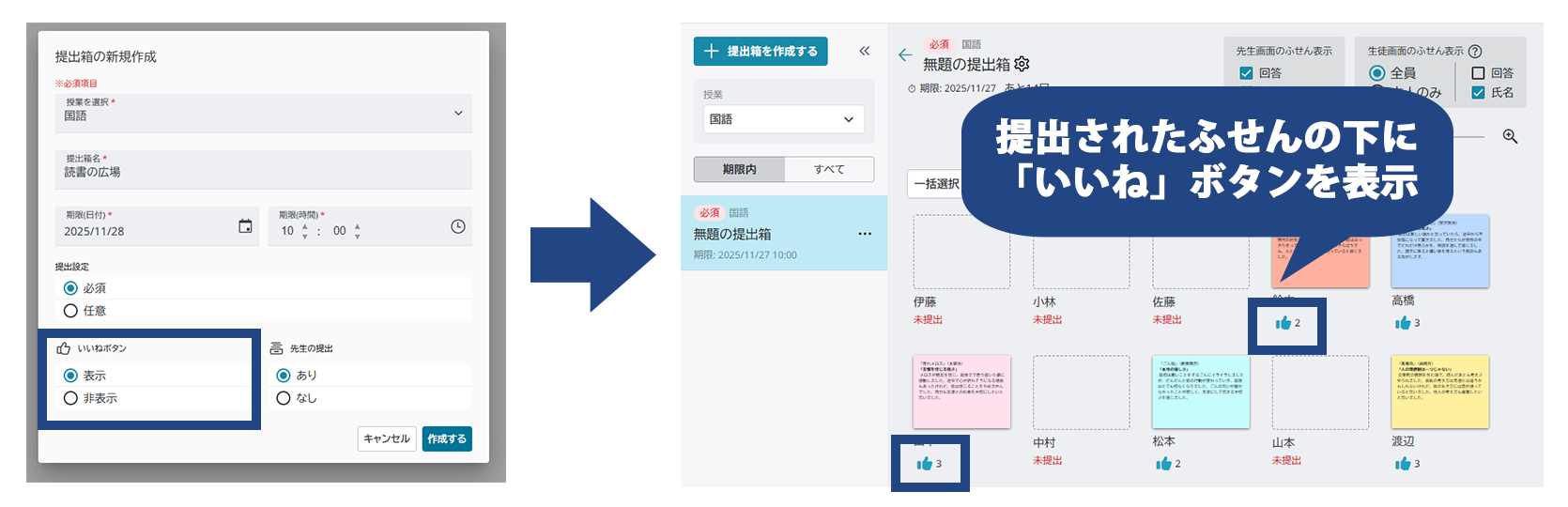 提出されたふせんの下「いいね」ボタンを表示。
