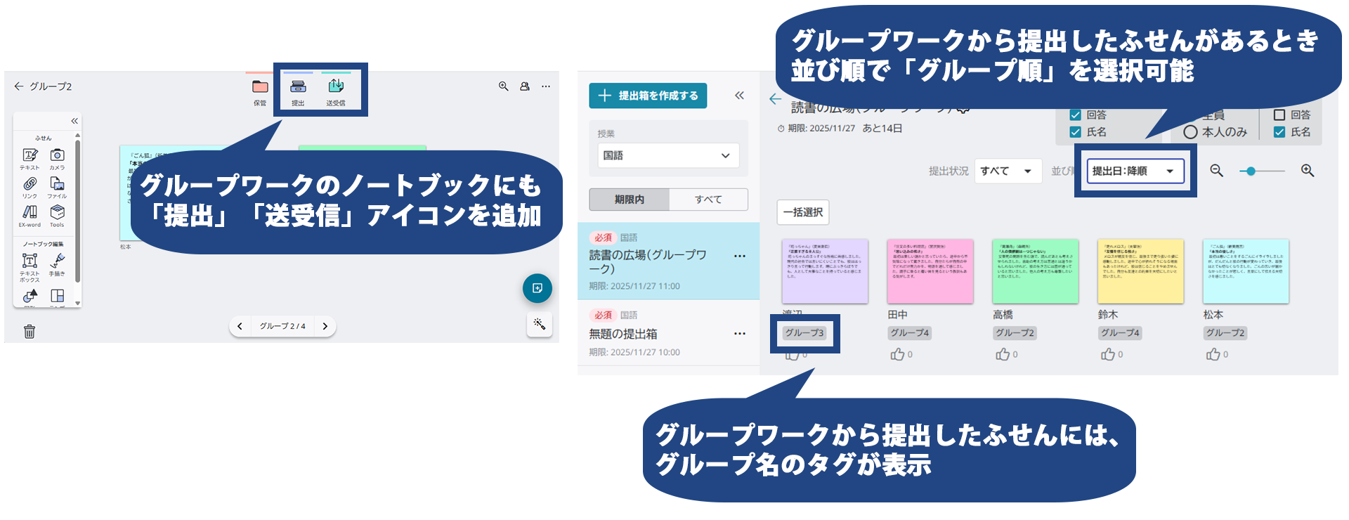 グループワークのノートブックにも提出・送受信アイコンを追加。グループワークから提出したふせんには、 グループ名のタグが表示。