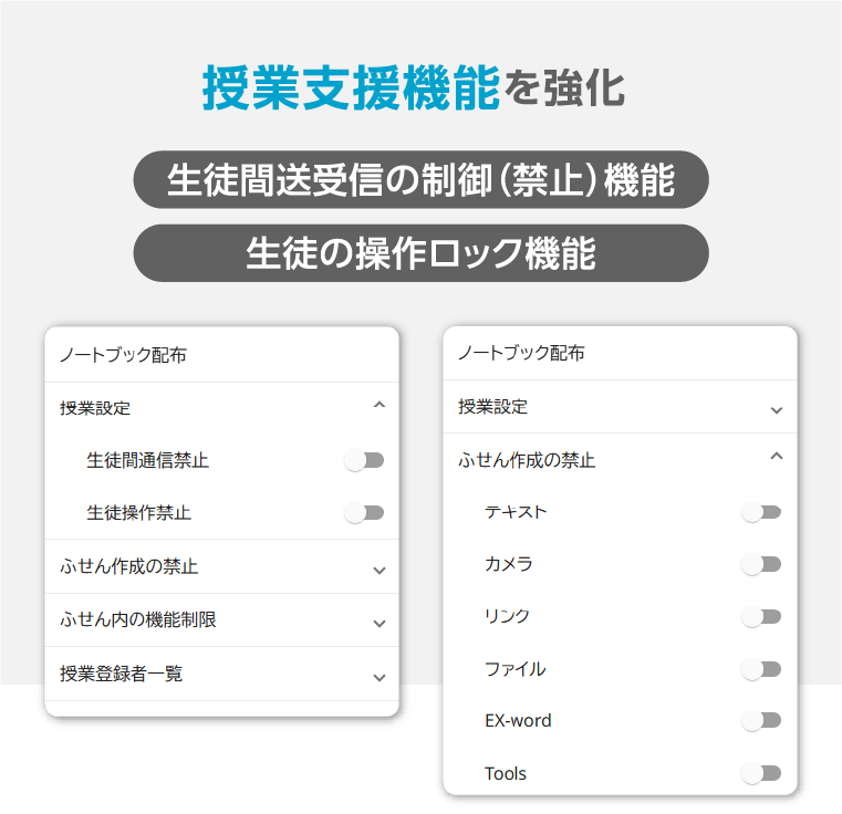 授業支援機能を強化 生徒の操作ロック機能、生徒間送受信の制御（禁止）機能