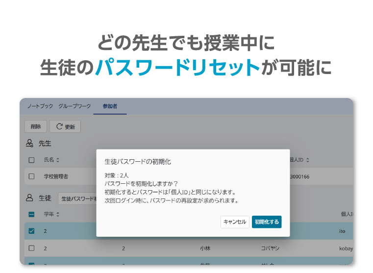 どの先生でも授業中に生徒のパスワードリセットが可能に