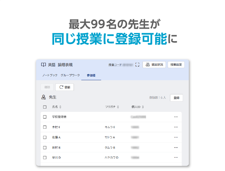 最大99名の先生が同じ授業に登録可能に