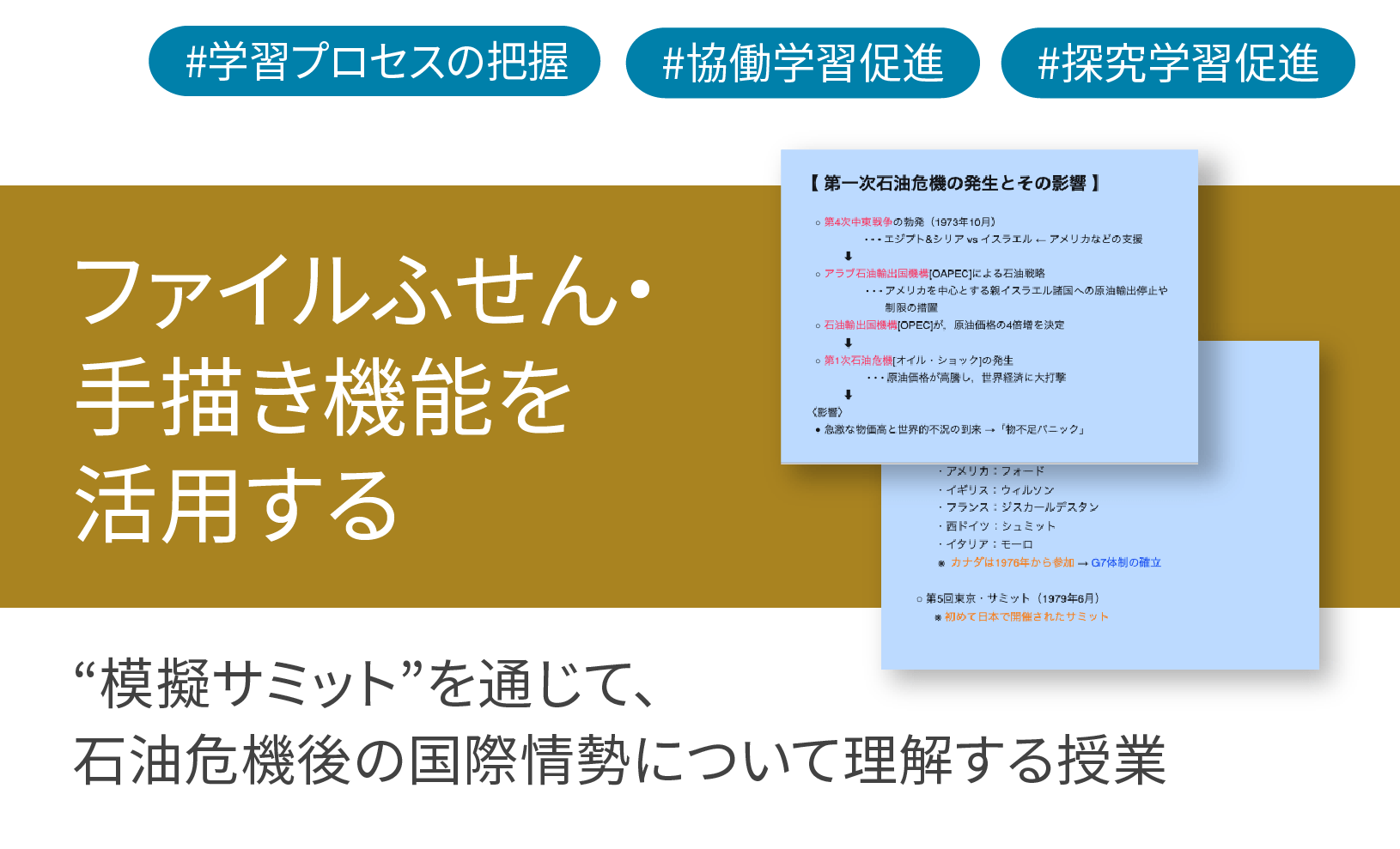 ICT学習アプリClassPad.netを使用して“模擬サミット”を通じて，⽯油危機後の国際情勢について理解する授業