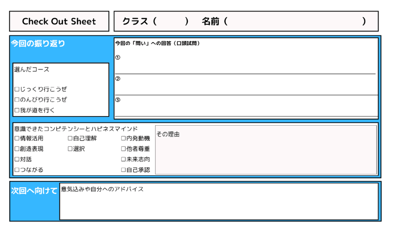 奥津先生が教育活動で使用している『振り返りシート』
