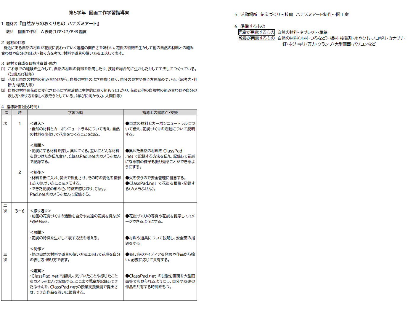 指導案（図工：花炭を使った作品作り）