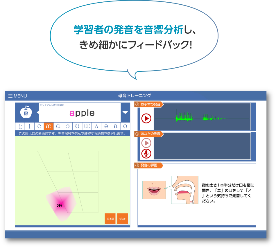 学習者の発音を音響分析し、 きめ細かにフィードバック