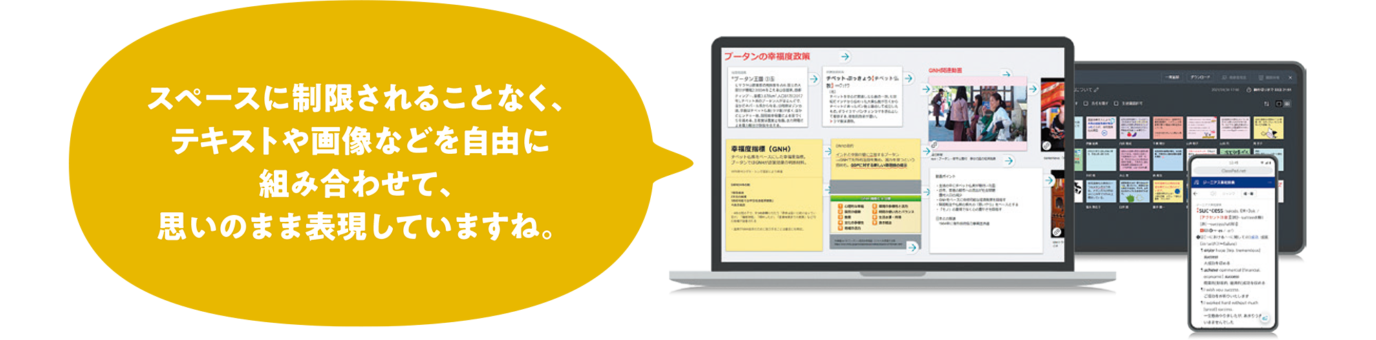 スペースに制限されることなく、テキストや画像などを自由に組み合わせて、思いのまま表現していますね。