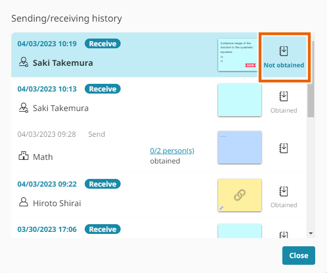 Sending/receiving history window